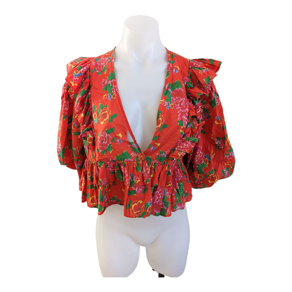 RHODE Tops - Rhode Size Small Elodie Crop Top Red Tiered Ruffle 100% Cotton Floral V Neck